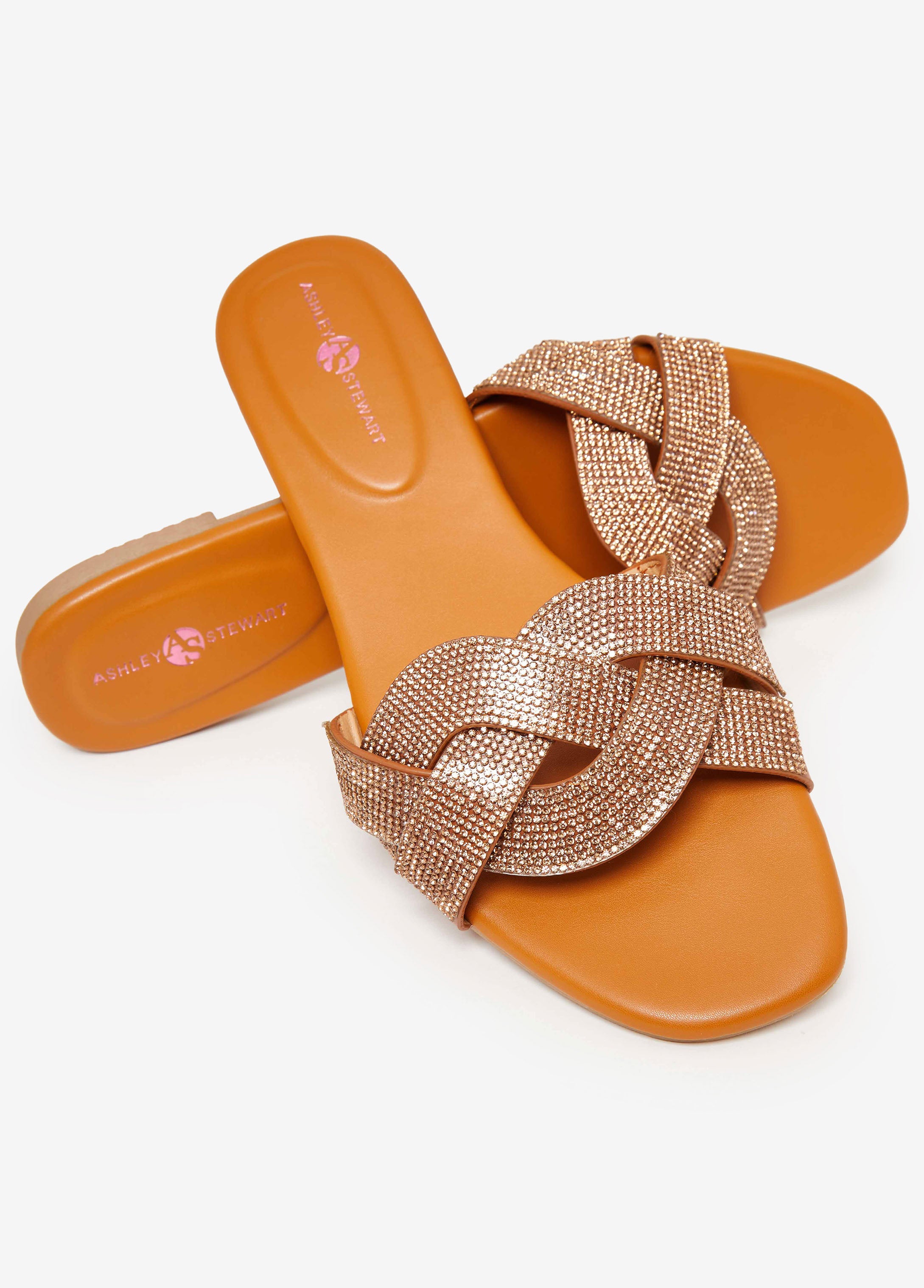 Trendy braided faux leather slides crystal slip on sandals