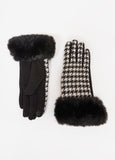 Faux Fur Cuffed Houndstooth Gloves