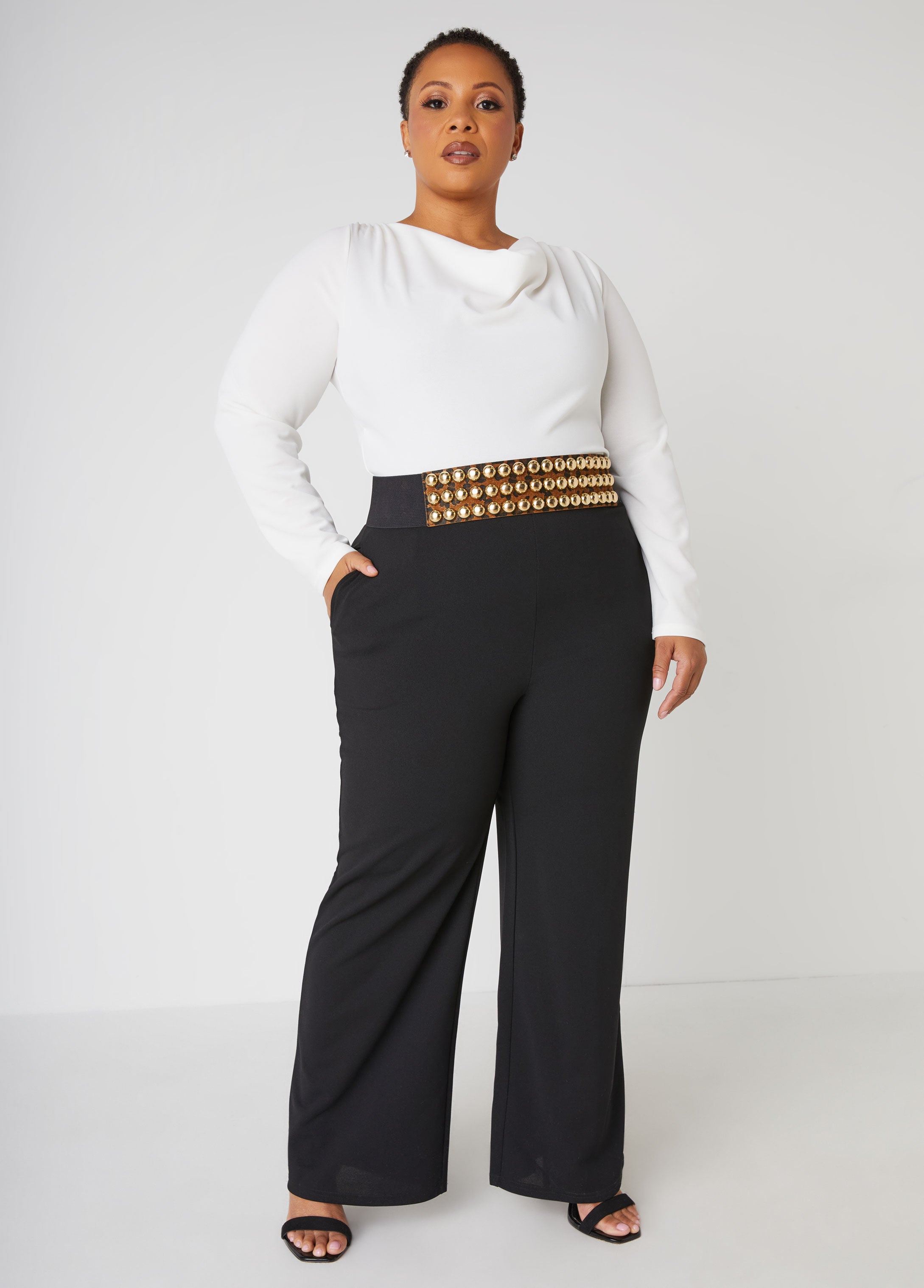 Trendy Plus Size Gold Studded Animal Print Stretch Waist Cinch Belts