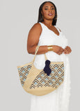 Trendy Straw Bag Summer Tote Bag Raffia Abstract Print Shoulder Bag
