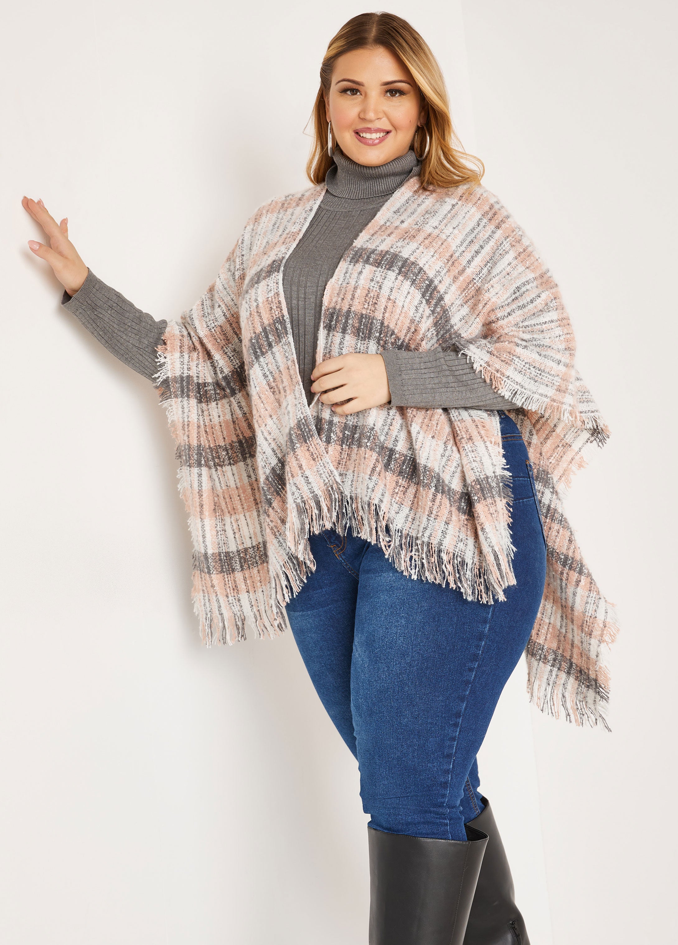 Plus Size Striped Boucle Open Knit Ruana Kimono Poncho Fall Fashion