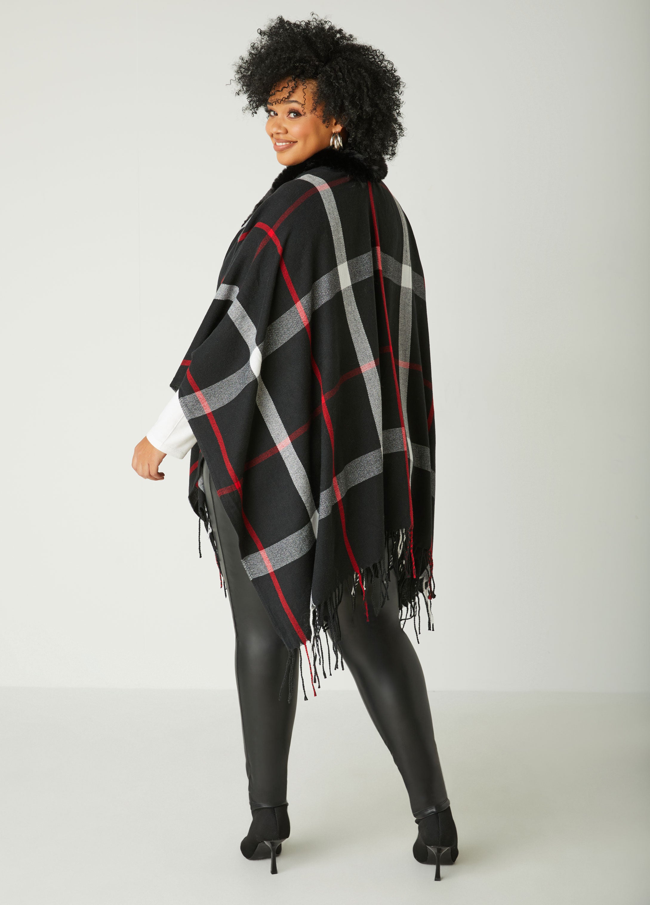 Plus Size Plaid Ruana Womens Plus Size Poncho Faux Fur Cape – Ashley ...