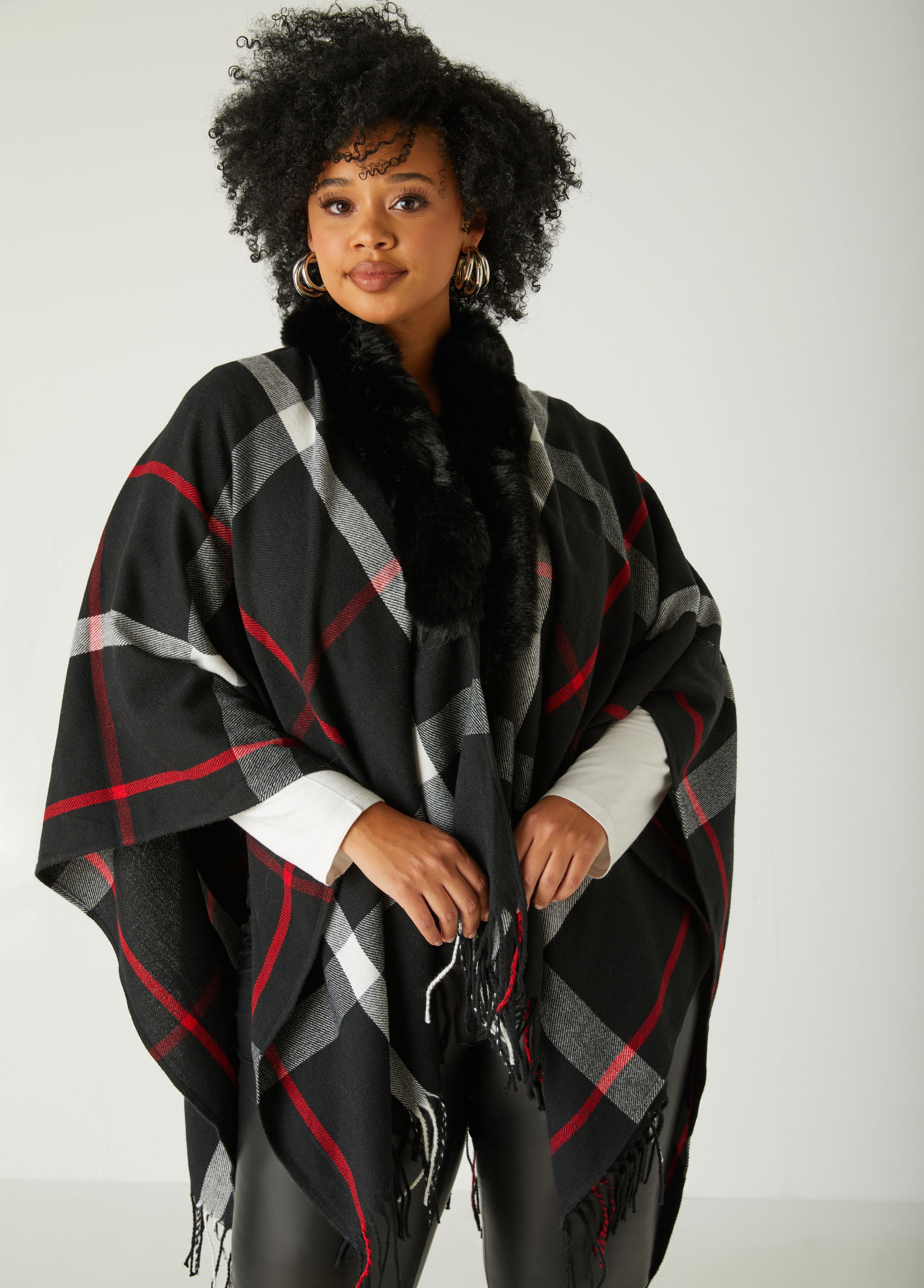 Plus Size Plaid Ruana Womens Plus Size Poncho Faux Fur Cape – Ashley ...