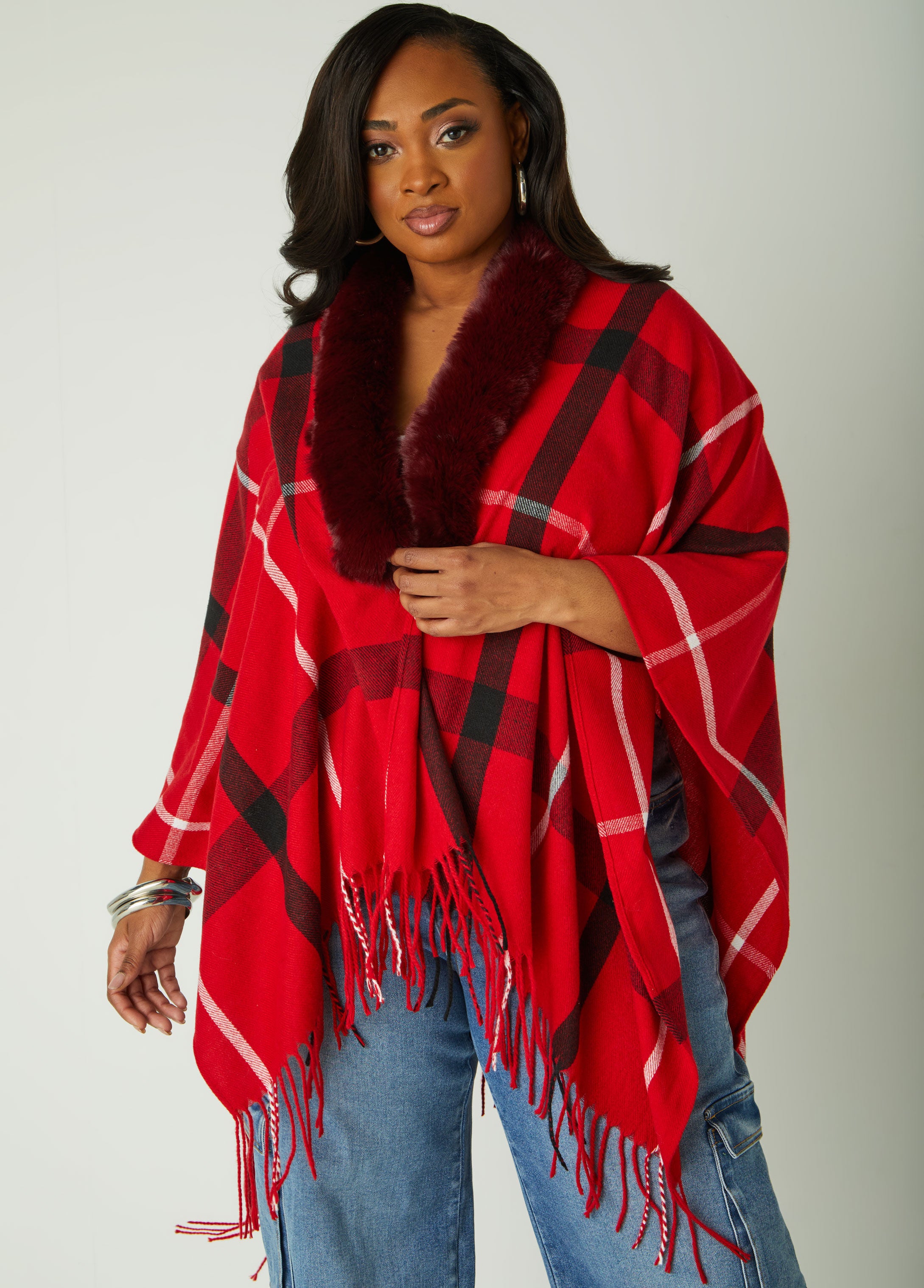 Plus Size Plaid Faux Fur Ruana Womens Poncho Plus Size Cape