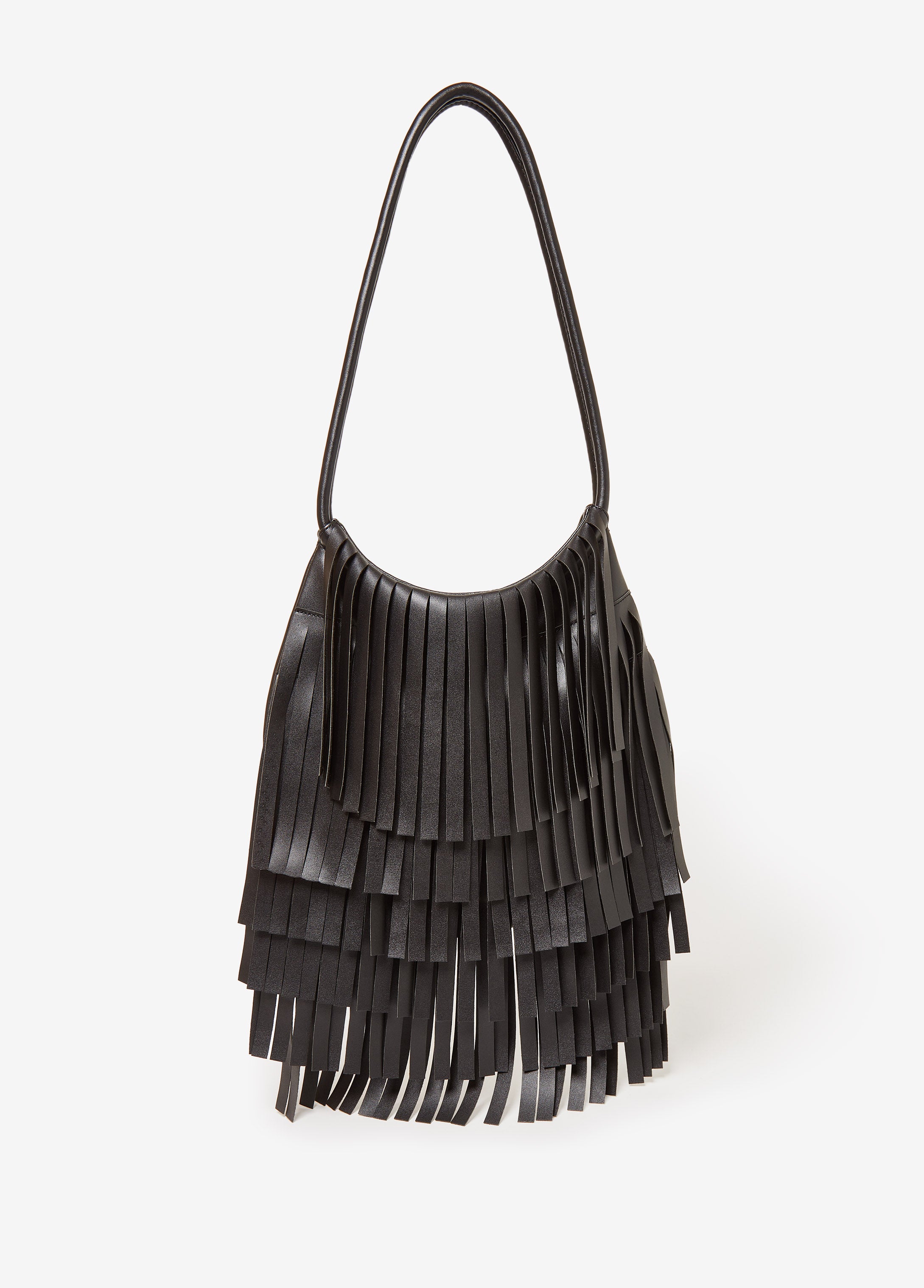 Faux leather shoulder bag with gold-tone hardware, two top handles and fringed trims.