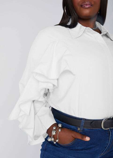 Ruffle Trimmed Collared Shirt, White image number 3