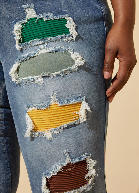Distressed Ribbed Skinny Jeans, Blue image number 3