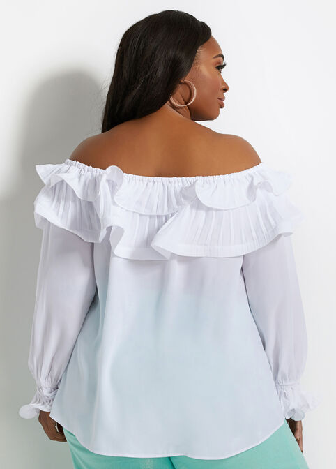 Pleat Ruffle Off-The-Shoulder Top, White image number 1