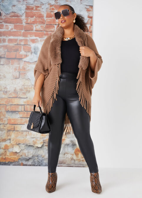 Fringed Faux Fur Trimmed Ruana, Iced Coffee image number 3