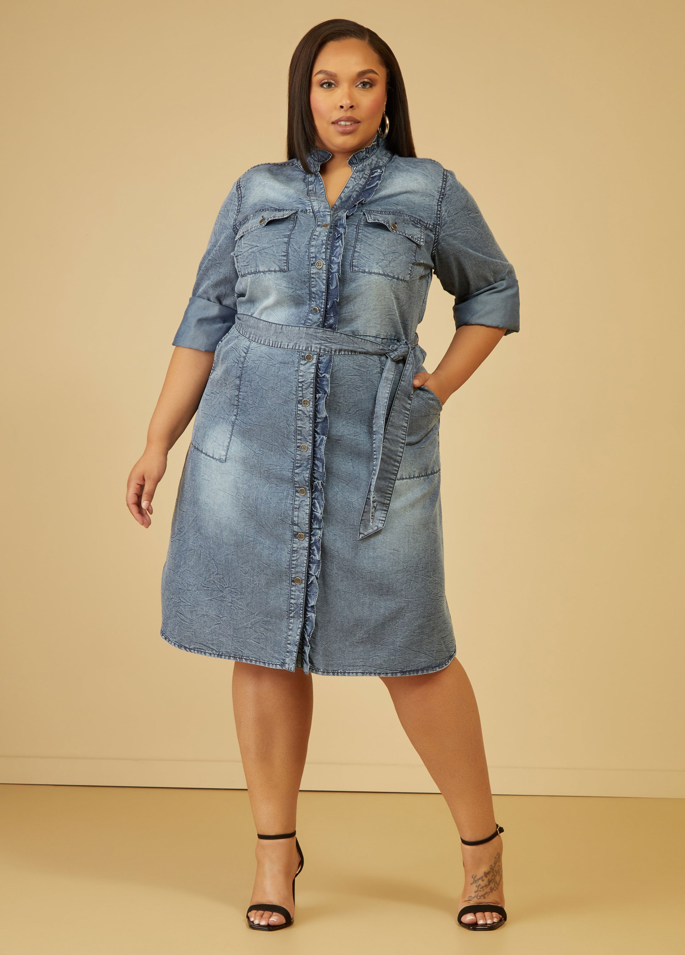 Ruffle Trimmed Chambray Shirtdress