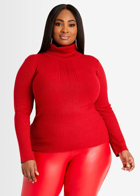 Plus Size Lurex Classic Stretch Ribbed Knit Fitted Turtleneck Sweater
