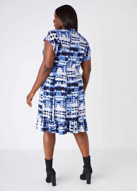 Ruffled Printed Knit Dress, Denim Blue image number 1