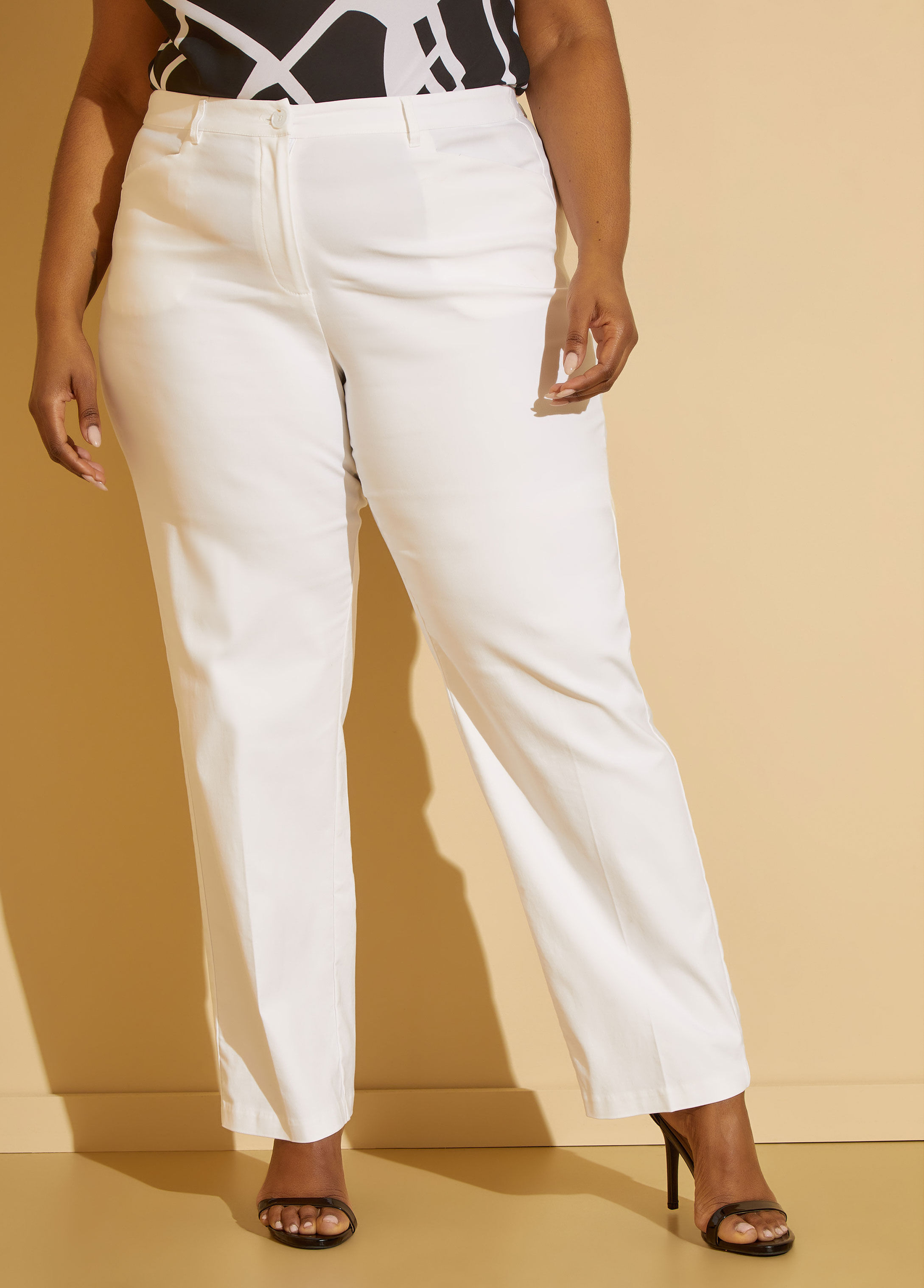 Hangup Plus White Regular Fit Cotton Linen Plus Size Flat Front Trousers