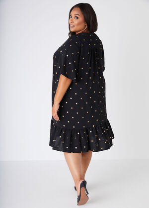 Metallic Print Flounced Dress, Black image number 1