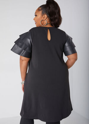 Ruffled Faux Leather Paneled Dress, Black image number 1