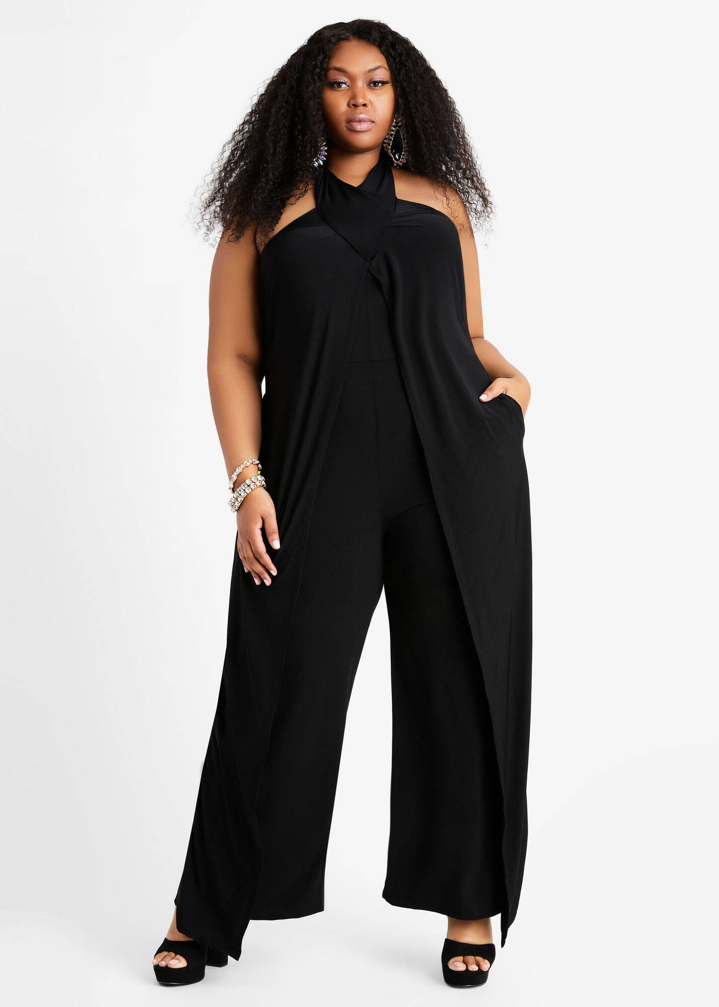 Plus Size Halter Knit Wide Leg Overlay Open Back Sexy Party Jumpsuit