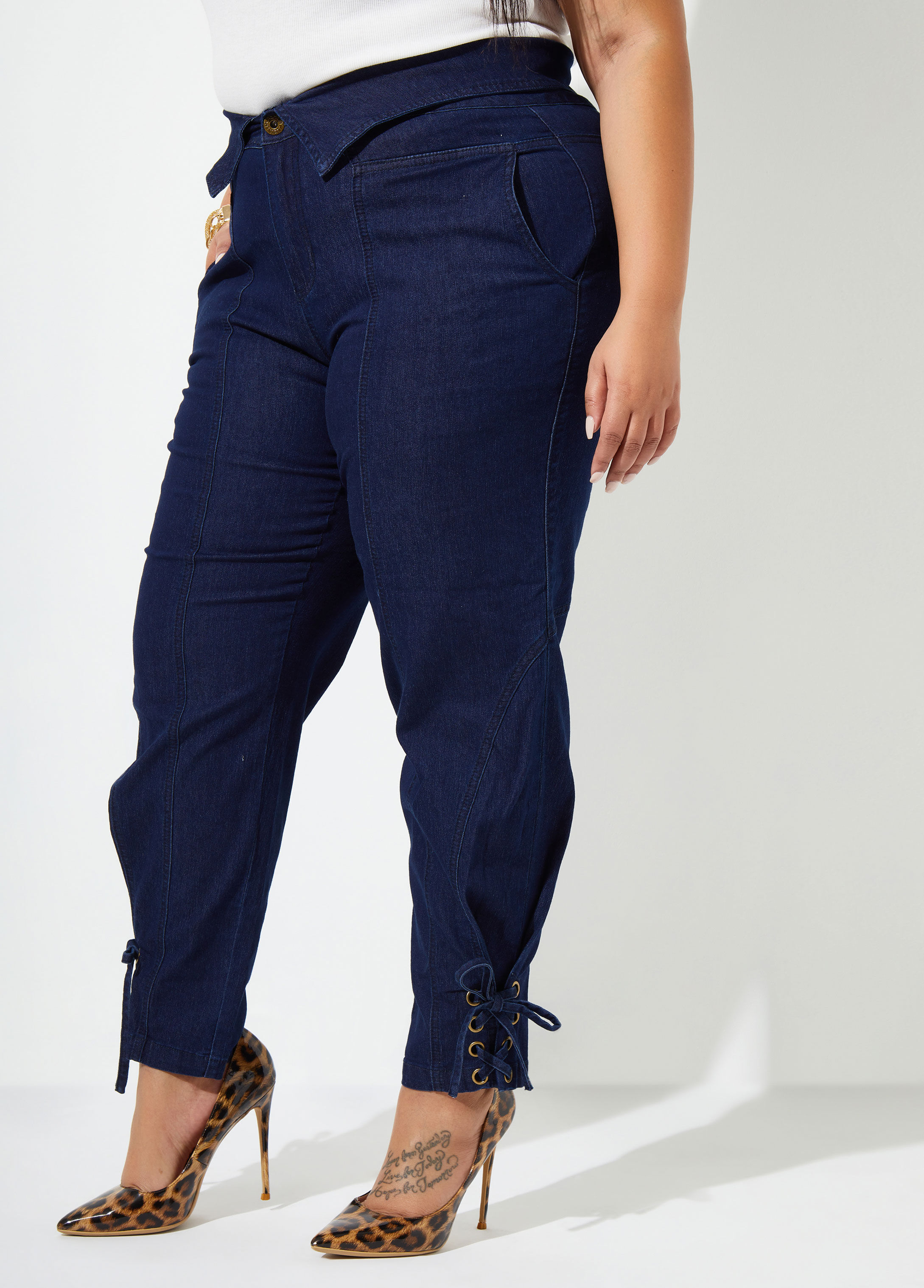 Foldover Lace Up Slouch Jeans