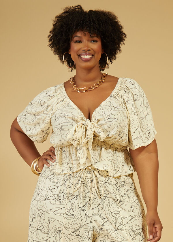 Tie Front Floral Print Top, Ivory image number 0