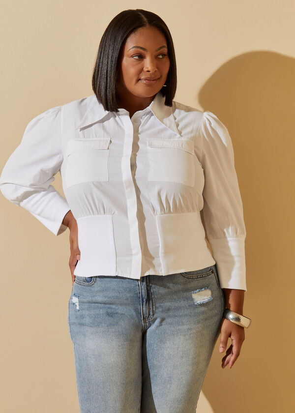 Plus Size Rosette Flocked Polka Dot Blouse, White, 18/20 - Ashley Stewart