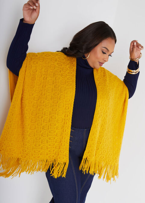 Fringed Open Knit Ruana, Nugget Gold image number 2