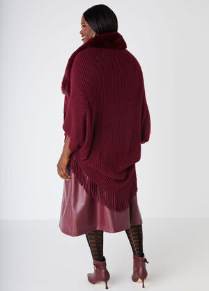 Fringe And Faux Fur Trimmed Ruana, Tawny Port image number 1