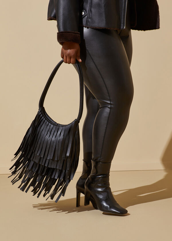 Faux Leather Fringed Bag, Black image number 0