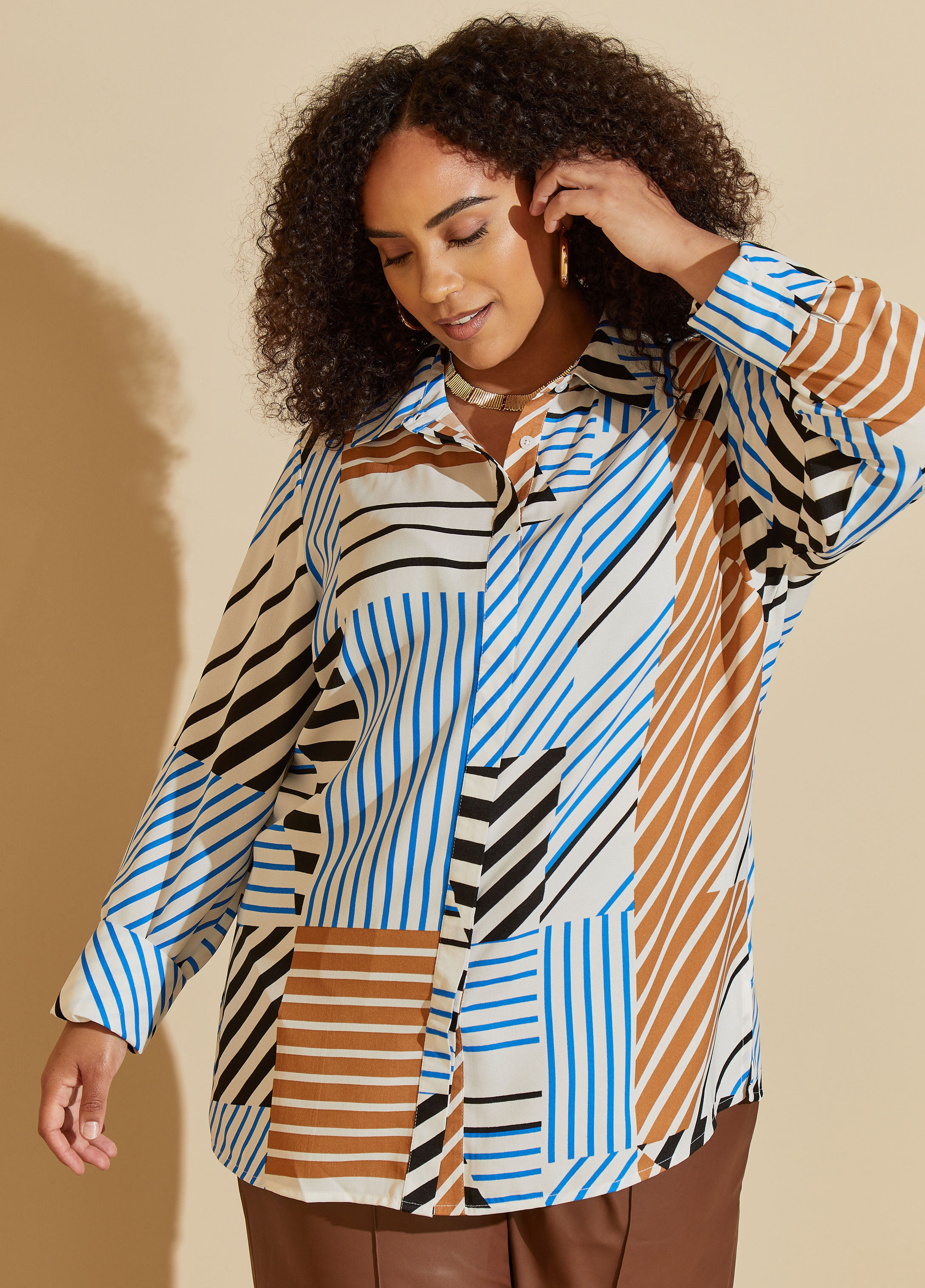 Plus Size striped crepe shirt stripe work print plus size blouse