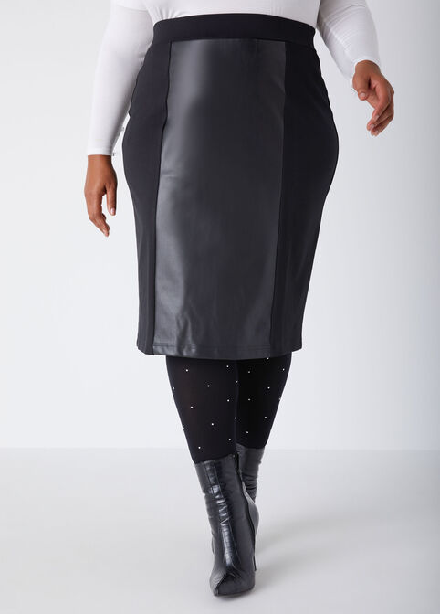 Faux Leather Paneled Pencil Skirt, Black image number 0