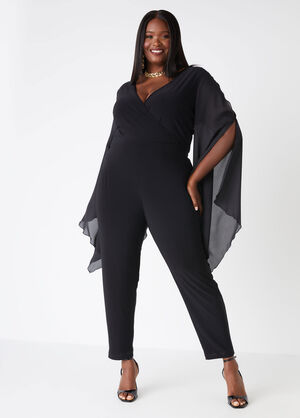 Drama Sleeved Faux Wrap Jumpsuit, Black image number 0