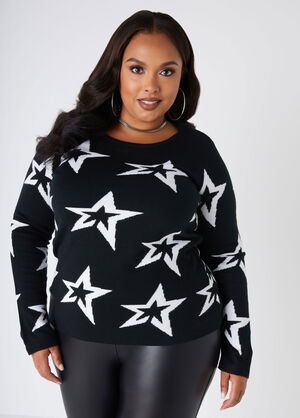 Star Jacquard Sweater, Black White image number 0