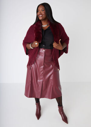 Fringe And Faux Fur Trimmed Ruana, Tawny Port image number 0