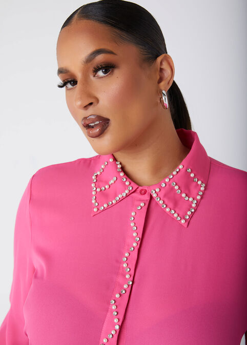 Crystal And Faux Pearl Crepe Shirt, Fandango Pink image number 2