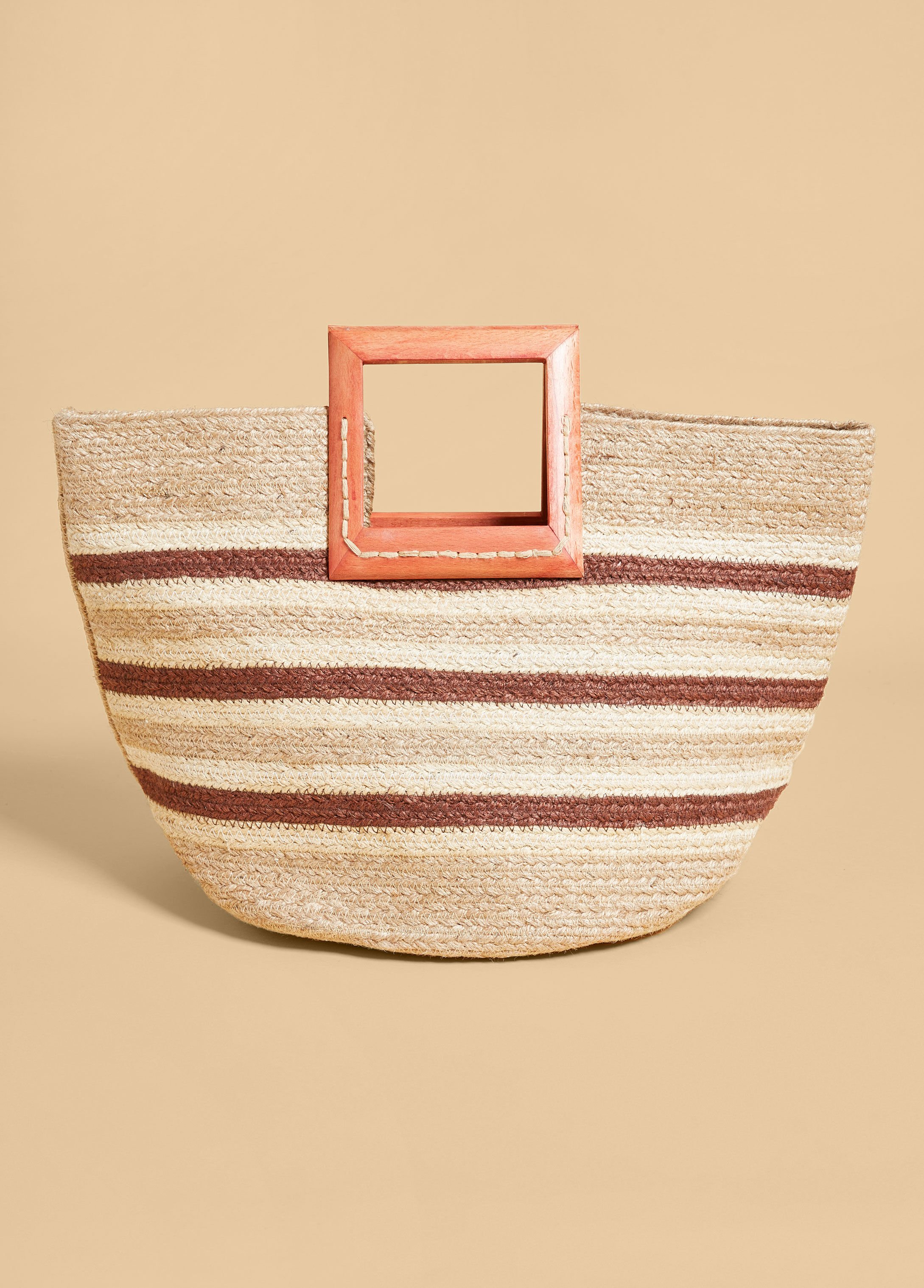 Striped Straw And Wood Tote