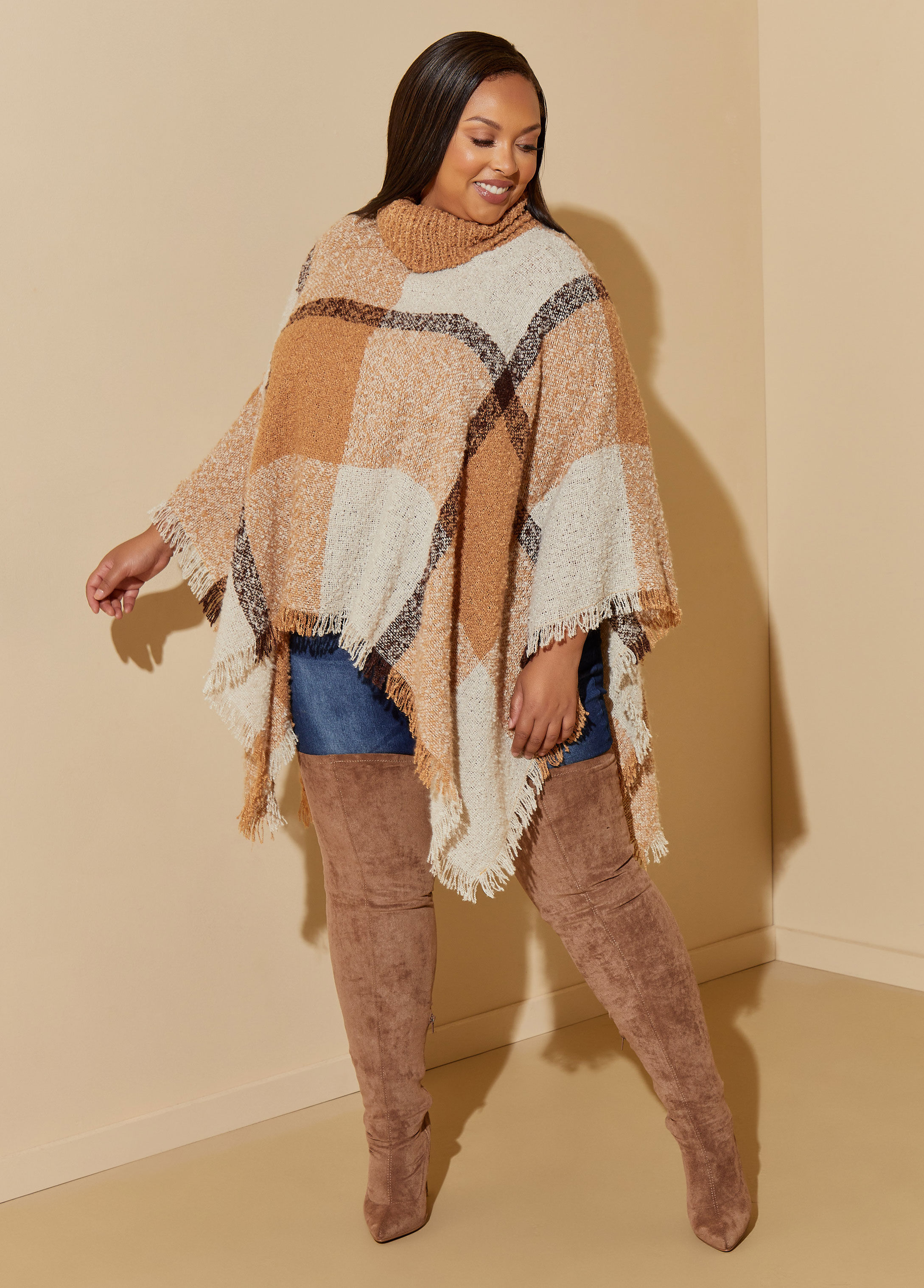 Plaid Turtleneck Bouclé Poncho