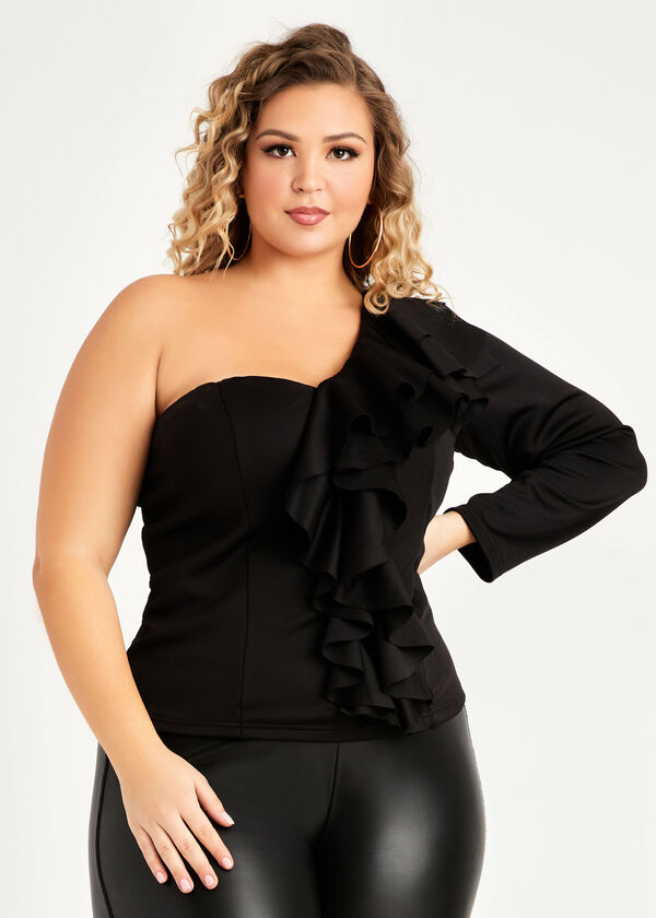 Plus Size Asymmetric One Shoulder Ruffle Fitted Stretch Knit Party Top