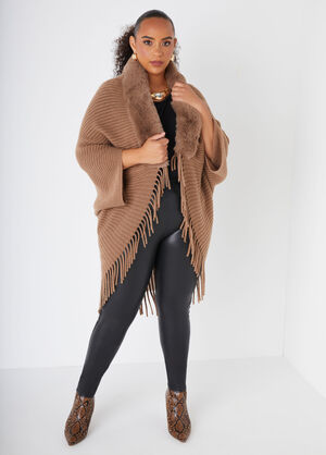 Fringed Faux Fur Trimmed Ruana, Iced Coffee image number 0