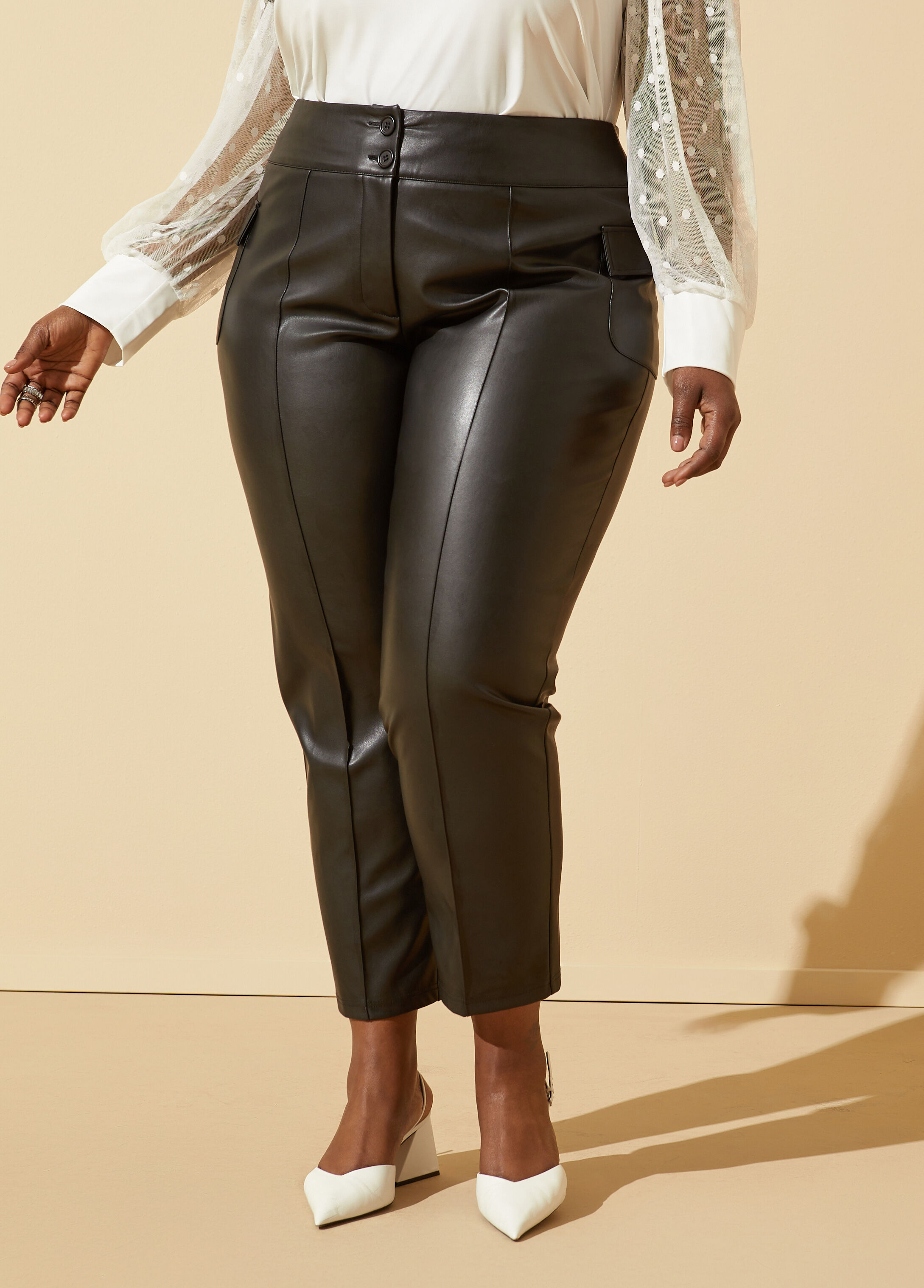 Plus Size faux leather tapered pants high waist vegan leather trousers