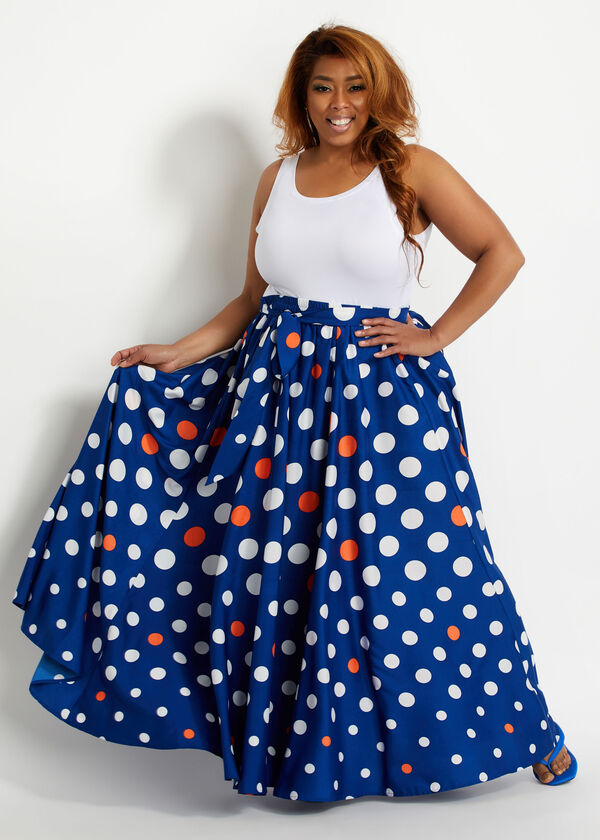 Plus Size Belted Polka Dot Print Flared Pull On High Waist Maxi Skirts