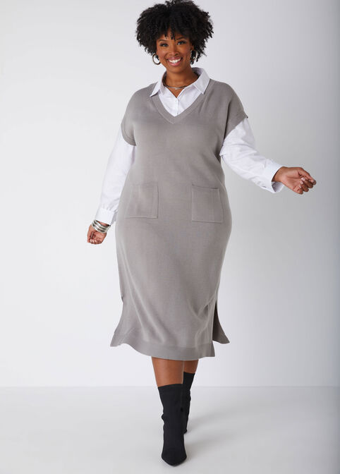 Poplin Paneled Sweater Dress, Heather Grey image number 2