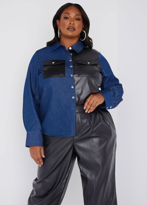 Faux Leather And Chambray Shirt, Denim image number 0