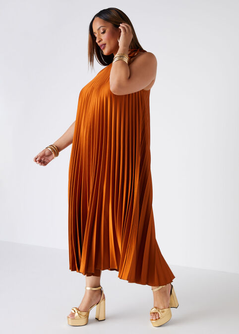 Accordion Pleated Midi Dress, Caramel Cafe image number 2