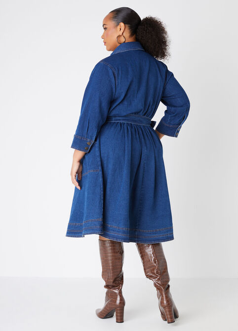 Belted Denim A Line Dress, Dk Rinse image number 1