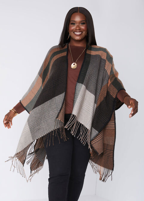 Reversible Fringed Plaid Ruana, Brown image number 0