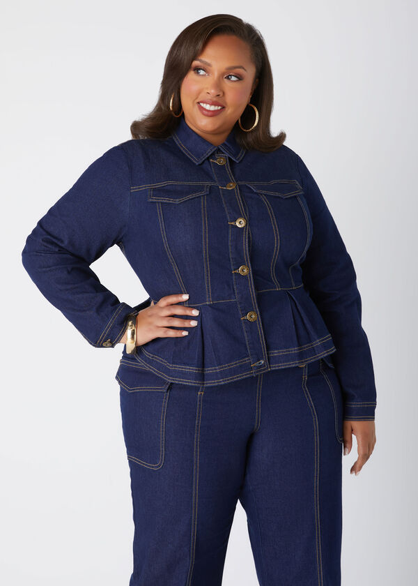 Pleated Denim Peplum Jacket, Dk Rinse image number 0