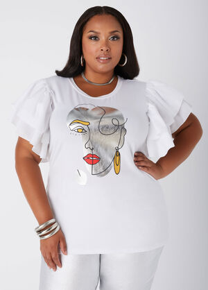 Abstract Portrait Ruffled Tee, White image number 0