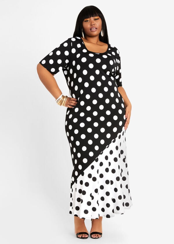 Plus Size Polka Dot Colorblock Knit Maxi Asymmetric Elbow Sleeve Dress
