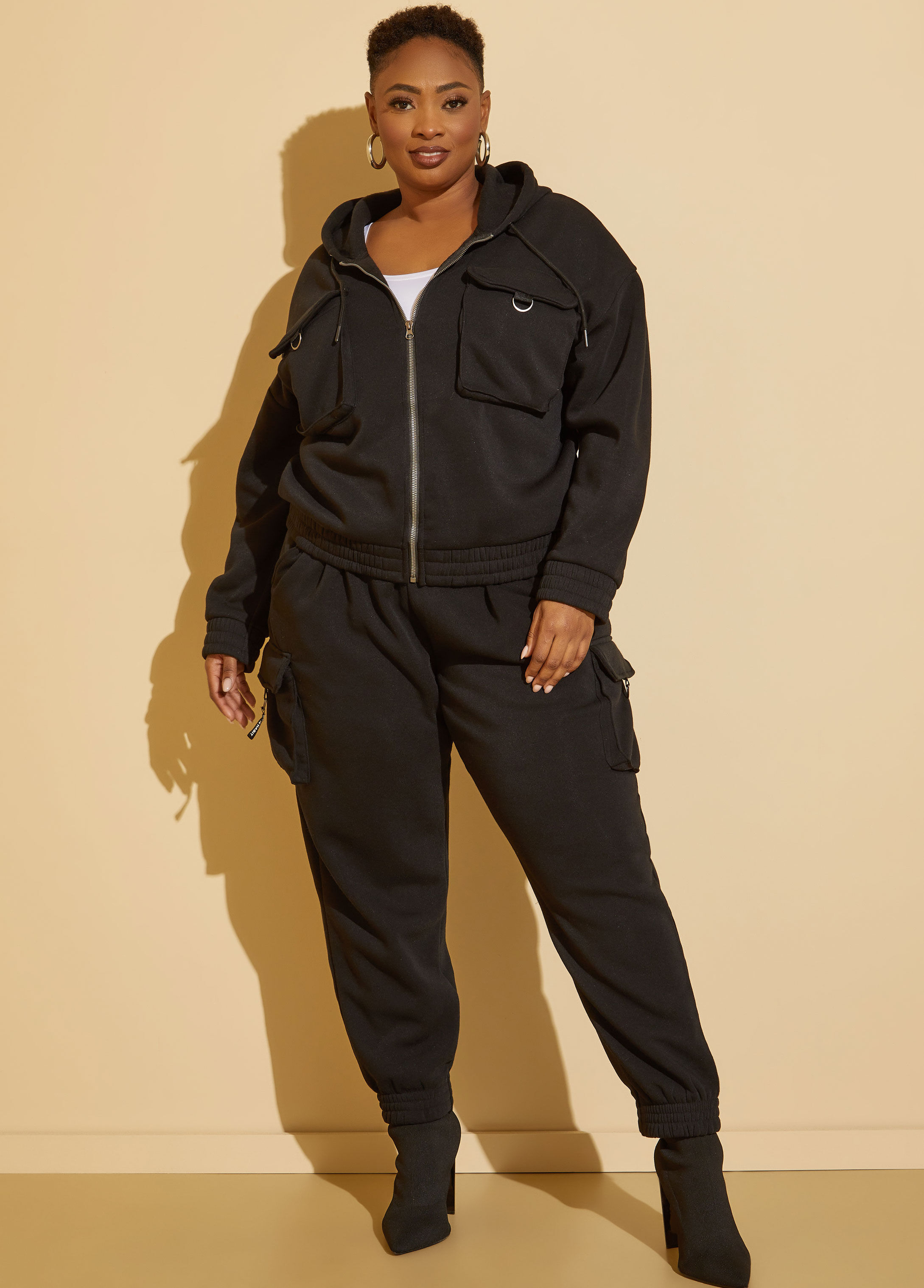 Plus Size fleece hoodie cargo jacket set streetwear sweatshirt set