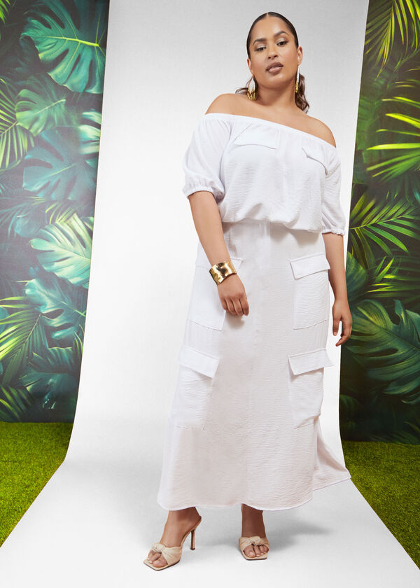 Textured Maxi Cargo Skirt, White image number 0