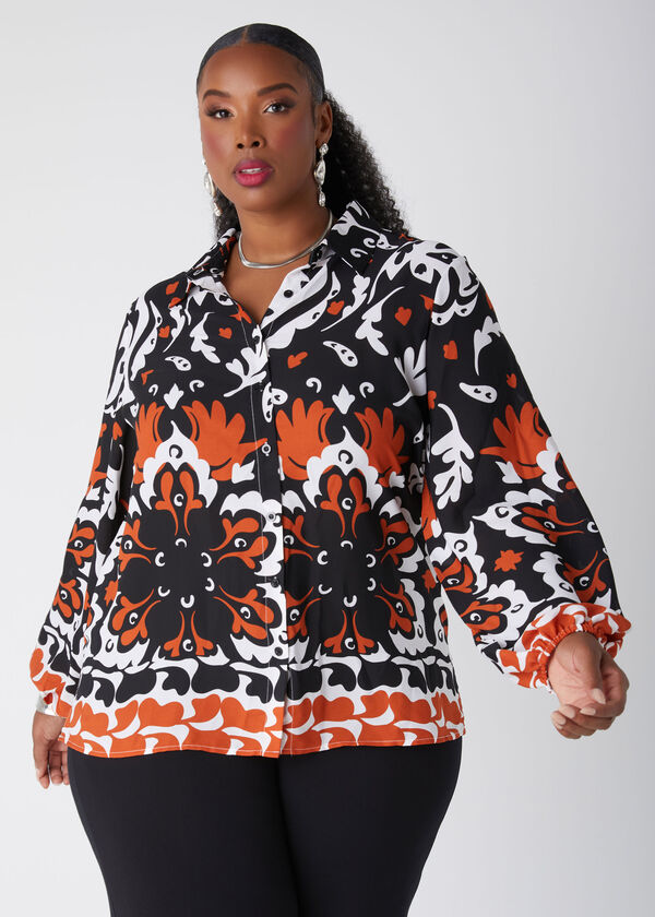 Leaf Print Crepe Shirt, Black White image number 0