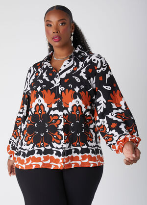 Leaf Print Crepe Shirt, Black White image number 0